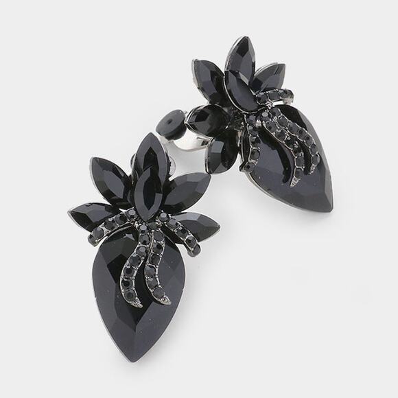 Classy 2" clip on black stone flower button style earrings - Picture 2 of 4